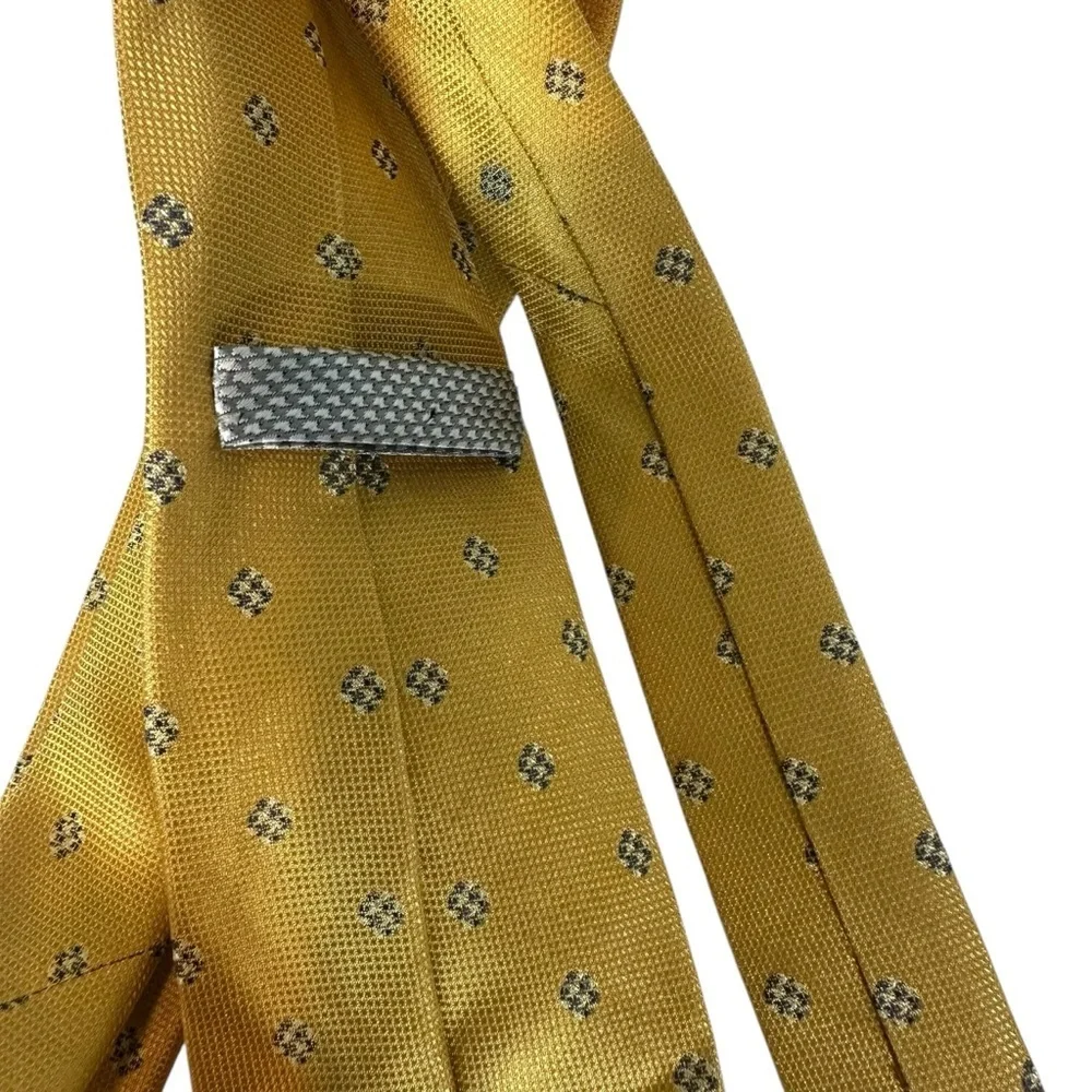 ENRO 100% Silk Men's Tie Mustard Yellow Gold with Blue Geometric Pattern